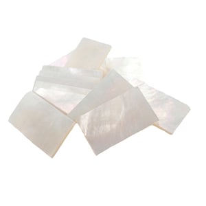 Può includere: Una collezione di pezzi rettangolari e iridescenti di madreperla. I gusci hanno un colore bianco perlaceo con sottili sfumature rosa e blu. I pezzi sono disposti in un motivo leggermente sovrapposto, mostrando la loro bellezza naturale.
