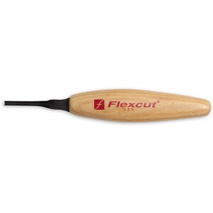 May include: A close-up of a wood carving tool with a black blade and a wooden handle. The handle is labeled "Flexcut® USA".