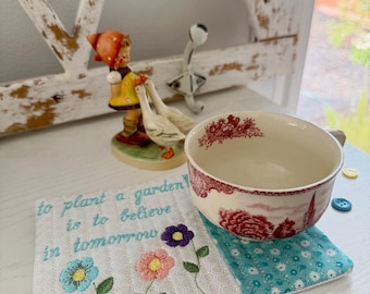 Handmade Mug Rug, Machine Embroidered Floral Coaster with quote, Gift for Gardener