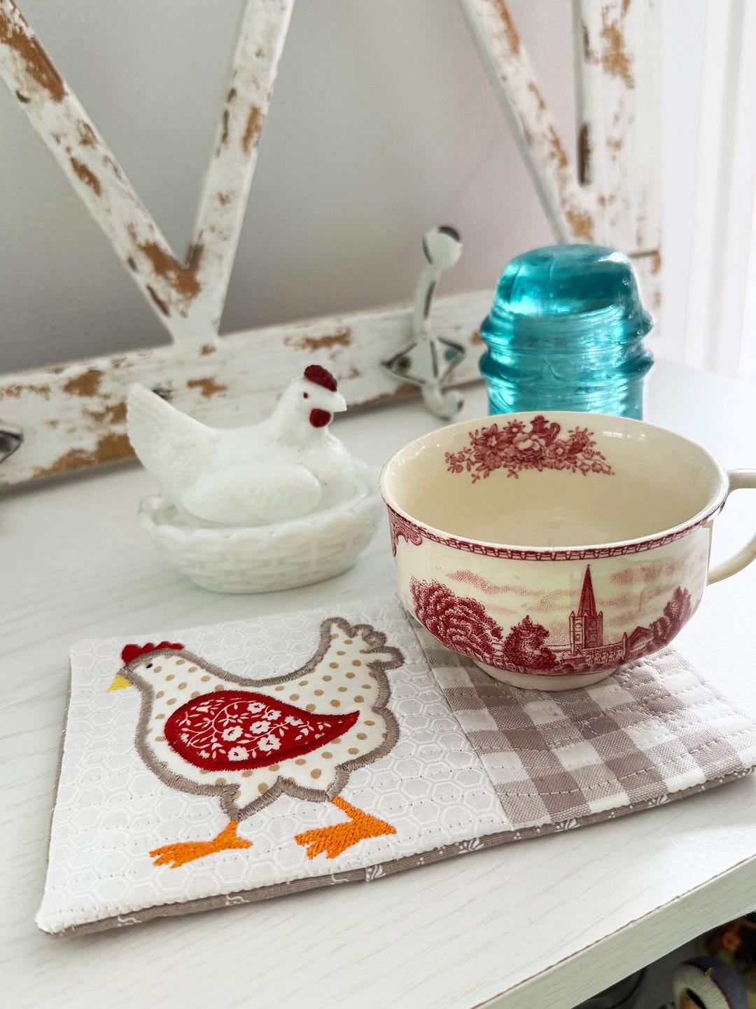 Chicken Mug Rug Made to Order, Farmhouse Quilted Coaster, Handmade ...