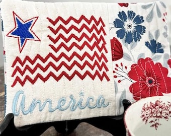 Finished American Flag Mug Rug,  Lake House Decor Gift - Quilted Coaster - Cabin Gift Idea - Handmade