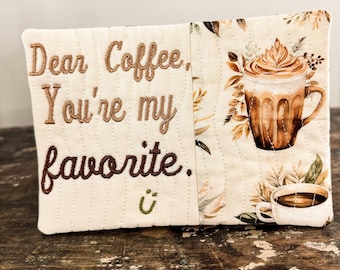 Embroidered Coffee Mug Rug, Handmade Quilted Coaster, Cottage Kitchen Decor