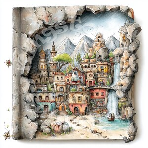 Peut inclure: Une impression d'art carrée présentant une illustration détaillée d'une ville fantastique construite dans une falaise rocheuse. La scène comprend des bâtiments à plusieurs étages dans des tons orange, bleu et beige, une cascade et des montagnes.