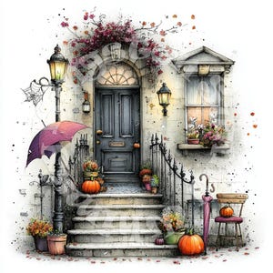 May include: A watercolour illustration of a dark grey front door with stone steps, a black iron railing, and a street lamp. The scene features orange pumpkins, potted flowers, a pink umbrella, and a wooden chair, all set against a white background.