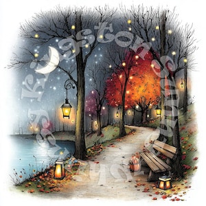 Peut inclure: Une illustration numérique d'une scène de parc nocturne avec un chemin sinueux, un banc en bois et des lanternes lumineuses. Des arbres dénudés et un arbre d'automne orange vif se dressent sous un croissant de lune et un ciel étoilé.