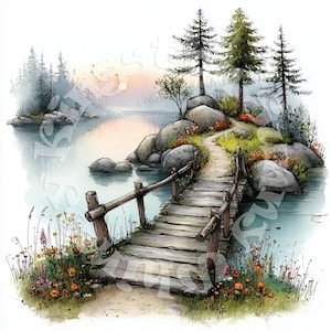 Può includere: Un'illustrazione ad acquerello di una passerella in legno che conduce a un'isola rocciosa con pini. La scena presenta un lago calmo, un cielo al tramonto dai toni tenui e un primo piano pieno di fiori selvatici arancioni, gialli e viola.