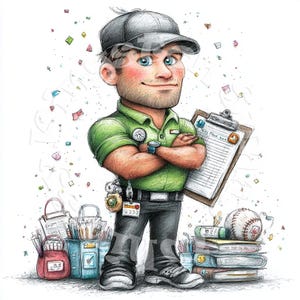 May include: A cartoon illustration of a person wearing a green polo shirt, dark pants, and a gray cap, standing with arms crossed. They hold a clipboard and are surrounded by office supplies, a baseball, and stacked books against a white background.