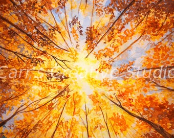 Through the Maples – CarrsCreativeStudio, Autumn Forest, Watercolor Print, Fall Leaves Wall Art, Cozy Nature Decor
