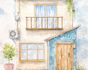 Little House - CarrsCreativeStudio, Cozy Watercolour House Illustration: Terracotta Roof, Neutral Tones, Calming Art