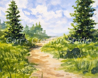 Country Trail – Carrscreativestudio Landscape Watercolor Print, Nature Path Wall Art, Rustic Countryside Decor