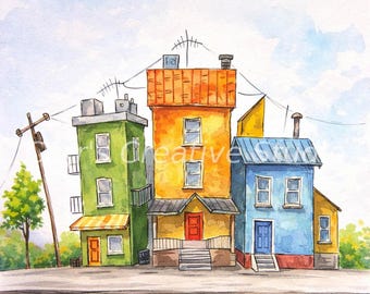 Colourful Street Corner – CarrsCreativeStudio - Watercolour Houses Print, Whimsical City Wall Art, Bright Home Decor