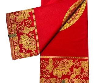 Red Gold African Wax Print Cotton Fabric | Floral Border Ankara Textile | 6 Yards