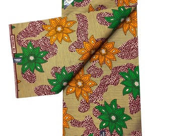 Beige & Orange African Wax Print Fabric | Green Floral Ankara Cotton | Supreme Wax Holland Fabric | 6 Yards