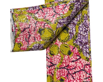 Sequin African Wax Fabric | Purple Red Yellow Floral Ankara Print | 6 Yards