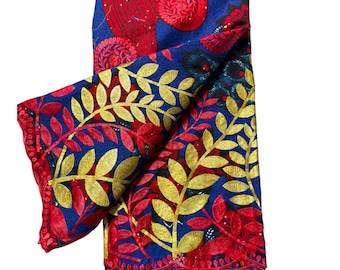 Royal Blue & Red African Embellished Wax Fabric | Gold Leaf Ankara Lace | 6 Yards