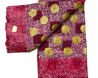 Pink & Gold Embroidered African Wax Fabric | Luxury Ankara Lace with Floral Motif | 6 Yards