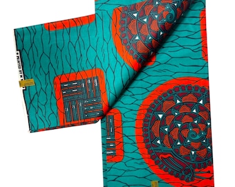Teal & Orange African Wax Print Fabric | Bold Geometric Ankara | MWAX Cotton Fabric | 6 Yards