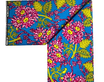 Blue Pink Daisy African Wax Print Fabric | Cotton Holland Floral Textile | 6 Yards