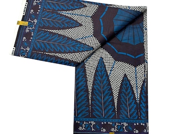 Blue Black Leaf Stripe African Wax Print Cotton Fabric | Tribal Pattern Textile | 6 Yards