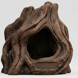 Peut inclure: Un objet décoratif en forme de tronc d'arbre brun, avec une grande ouverture irrégulière. La surface texturée imite l'aspect du bois vieilli, avec des rainures profondes et un aspect naturaliste. Un espace rectangulaire est sculpté dans la base.