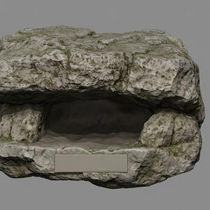 Peut inclure: Formation rocheuse grise et texturée avec une ouverture en forme de grotte. La roche présente une surface rugueuse avec des taches vertes et une plaque rectangulaire vierge à l'avant. L'intérieur de la grotte est sombre.
