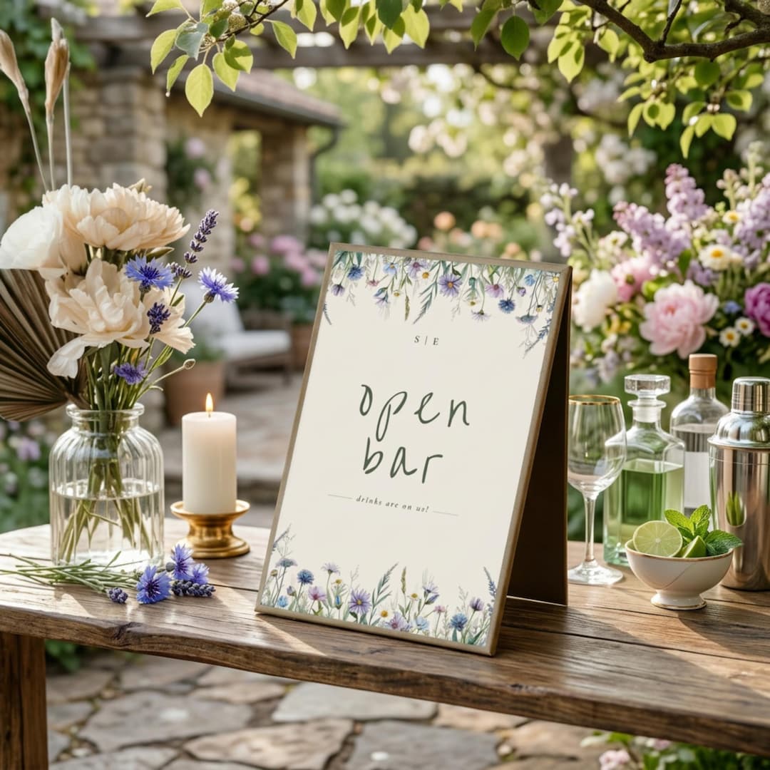 Wildflower Open Bar Sign, Editable Canva Template 8x10, Boho Botanical ...