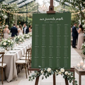 May include: A dark green seating chart on a wooden easel, with white text listing table numbers and guest names. The sign reads "our favorite people, please take a seat." The easel is decorated with white roses and greenery, set in an outdoor wedding venue.