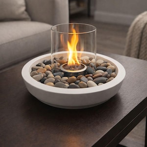 Tabletop Fireplace: Modern Concrete Bowl with Seashells and Flame