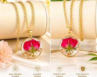 Real Pressed Flower Necklace – Gold-Plated Pendant, Birth Flower Jewelry