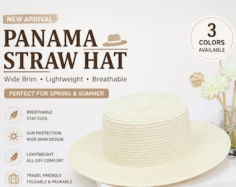 Handmade Style Panama Straw Hat for Women, Wide Brim Beach Hat, Lightweight Summer Travel Sun Hat, Boho Vacation Fedora