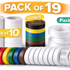May include: An assortment of double-sided adhesive tapes in various quantities and colors. The image shows packs of 3, 10, and 19 tapes, with a bonus stack of colorful tapes. The tapes are white, black, brown, red, yellow, green, blue, and clear.