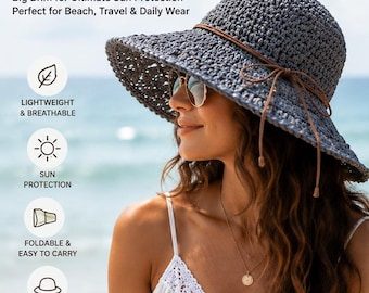 Handmade Crochet Straw Sun Hat, Wide Brim Boho Beach Visor, Lightweight Travel Summer Hat