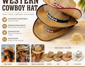Handmade Unisex Western Cowboy Straw Hat – Lightweight Raffia Crochet Sun Hat for Men & Women, Adjustable Summer Beach Outdoor Travel Hat