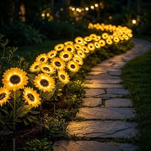 Pode incluir: Uma cena noturna de jardim com um caminho de pedra ladeado por luzes solares em forma de girassóis. Os girassóis iluminados, com pétalas amarelas e centros castanhos escuros, criam um brilho quente e convidativo ao longo do caminho. O fundo é verde e desfocado.