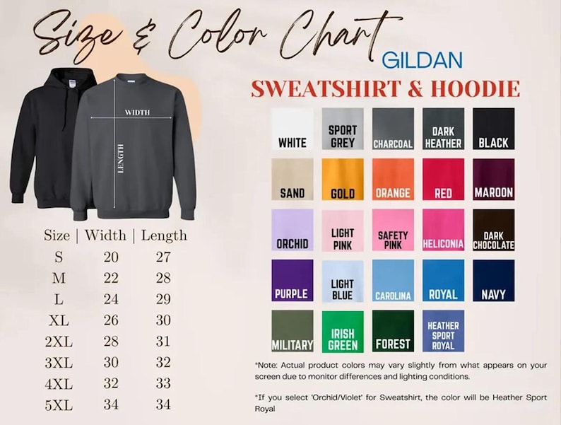 May include: A size and color chart for Gildan sweatshirts and hoodies. The chart displays various colors, including white, black, and navy, and sizes ranging from S to 5XL. The image includes a black hoodie and a gray sweatshirt.