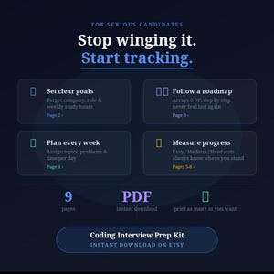 Coding Interview Prep Kit | Software Engineer Study Planner | LeetCode Tracker | Tech Interview Organizer | Digital Download PDF