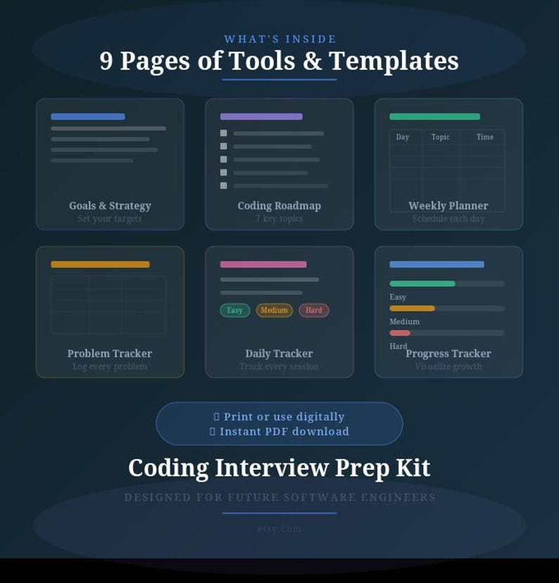 May include: A dark blue digital download graphic with the text "WHAT'S INSIDE" and "9 Pages of Tools & Templates." It includes sections for goals, coding, weekly planning, problem tracking, daily tracking, and progress tracking. The text "Coding Interview Prep Kit" is also visible.