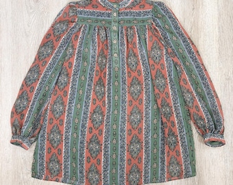 Vintage 70s Boho Paisley Striped Chiffon Tunic Top Sz 8 Festival Peasant Blouse