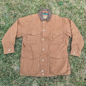 Vintage Barn Chore Jacket Men Large Canvas Farm Work Coat Leather Collar Quilted