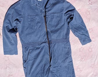 Vintage Coveralls 48L Blue Cotton Mechanic Workwear Jumpsuit USA Made Distressed