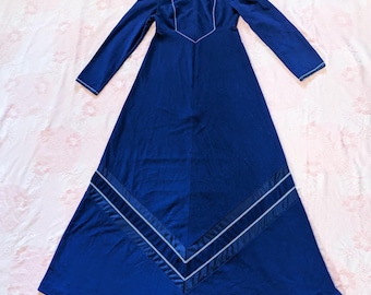 Vintage Velour Lounge Dress Women's XS 70s Blue House Robe Front Zip Gown Mod