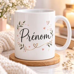 Peut inclure: Un mug en céramique blanche portant le mot Prénom écrit en lettres cursives noires, entouré d'une couronne botanique délicate composée de feuilles vertes, de petites baies roses et de minuscules cœurs dorés avec une ligne dorée en forme de cœur.