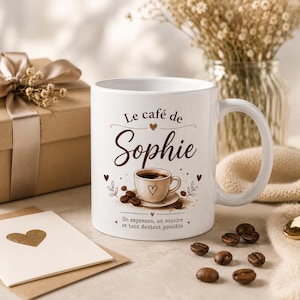 Peut inclure: Un mug en céramique blanc avec le texte brun Le café de Sophie, un dessin d'une tasse de café sur une soucoupe et la phrase Un expresso, un sourire et tout devient possible. Le motif inclut des petits cœurs et des grains de café.