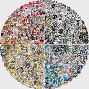 May include: A collection of colorful stickers arranged in a circular pattern. The stickers feature various designs, including cartoon characters, logos, and text such as "Netflix", "Just Do It", and "Oops!". The stickers are of various sizes and shapes.