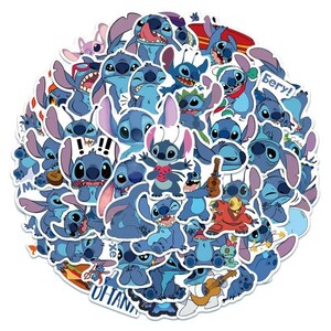 May include: A collection of blue and white stickers featuring the character Stitch from the animated movie Lilo & Stitch. The stickers depict Stitch in various poses, some holding objects like a guitar or a heart. The word "Ohana" is visible on one sticker.