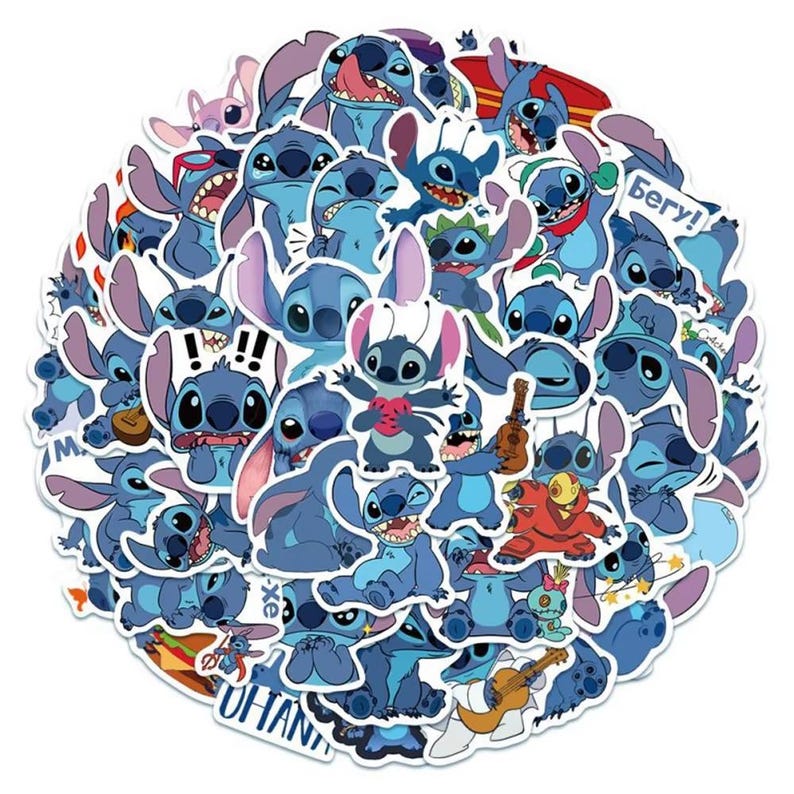 May include: A collection of blue and white stickers featuring the character Stitch from the animated movie Lilo & Stitch. The stickers depict Stitch in various poses, some holding objects like a guitar or a heart. The word "Ohana" is visible on one sticker.