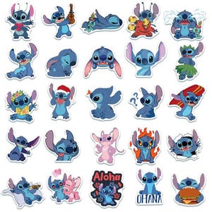 May include: A selection of blue and pink Stitch character stickers in different poses. Some stickers show Stitch with a ukulele, wearing a Santa hat, or holding a surfboard. One sticker has the word "Aloha" and another says "Ohana".