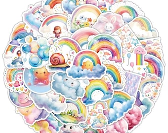 Kawaii Rainbow Cloud Star Stickers: Pastel Waterproof Vinyl Decals for Laptops, Phones