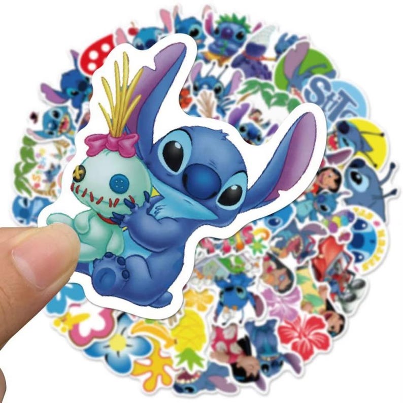 May include: A collection of colourful stickers featuring the character Stitch from the Disney film Lilo & Stitch. The stickers include various images of Stitch, some holding a doll, and other tropical designs.