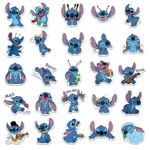 May include: A sheet of blue and purple Stitch character stickers in different poses. Some stickers show Stitch with accessories such as a guitar or sunglasses. The stickers are die-cut and ready to peel and apply, ideal for decorating items.